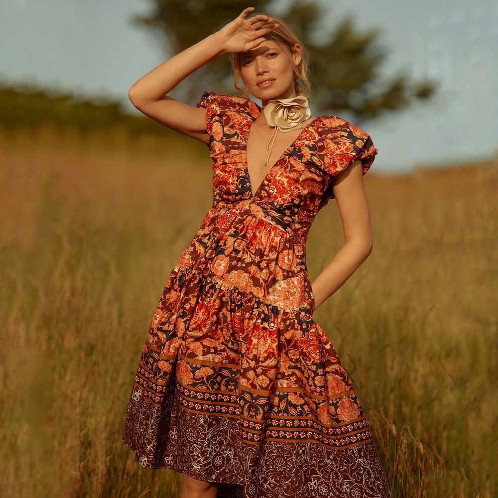 Anthropologie Printed V-Neck Babydoll Dress Size 4‎ Red Motif NEW